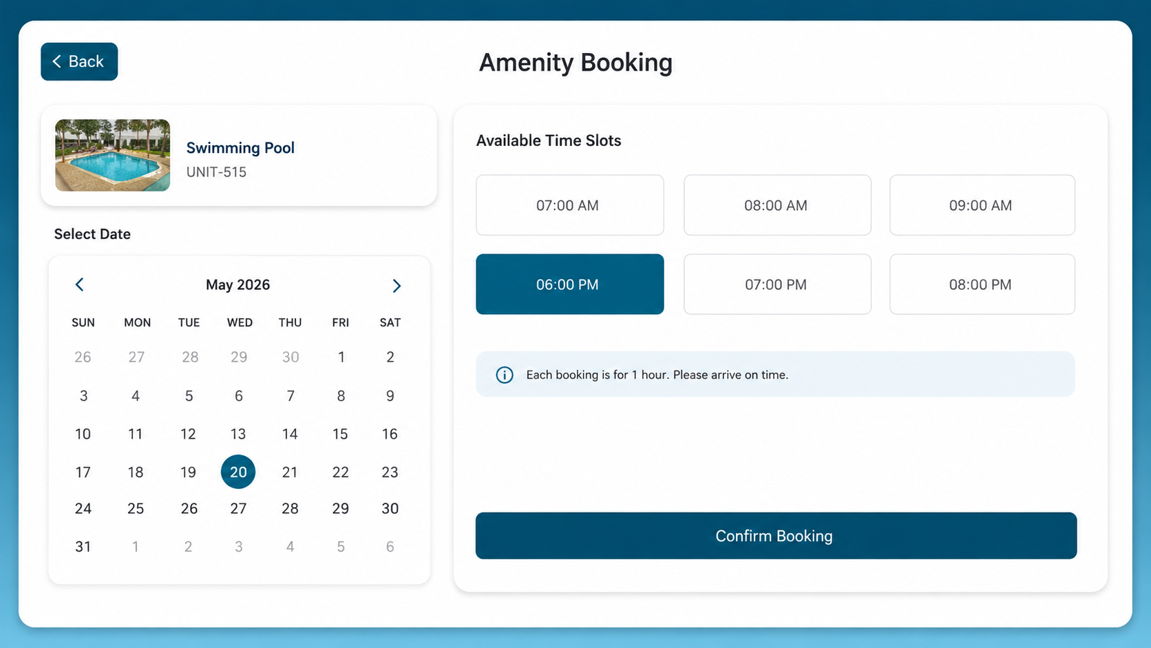 Amenity booking screen