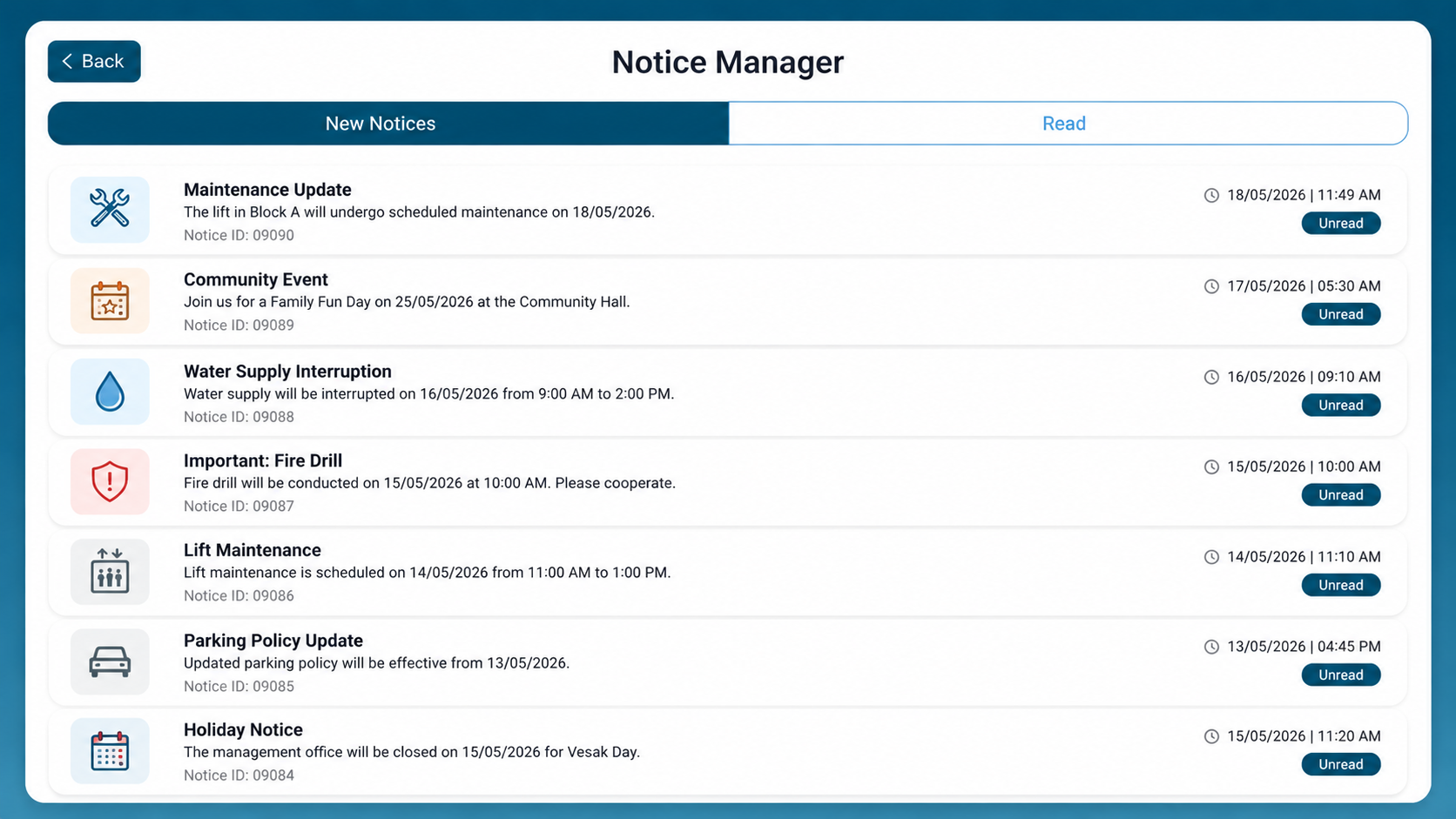Notice manager screen