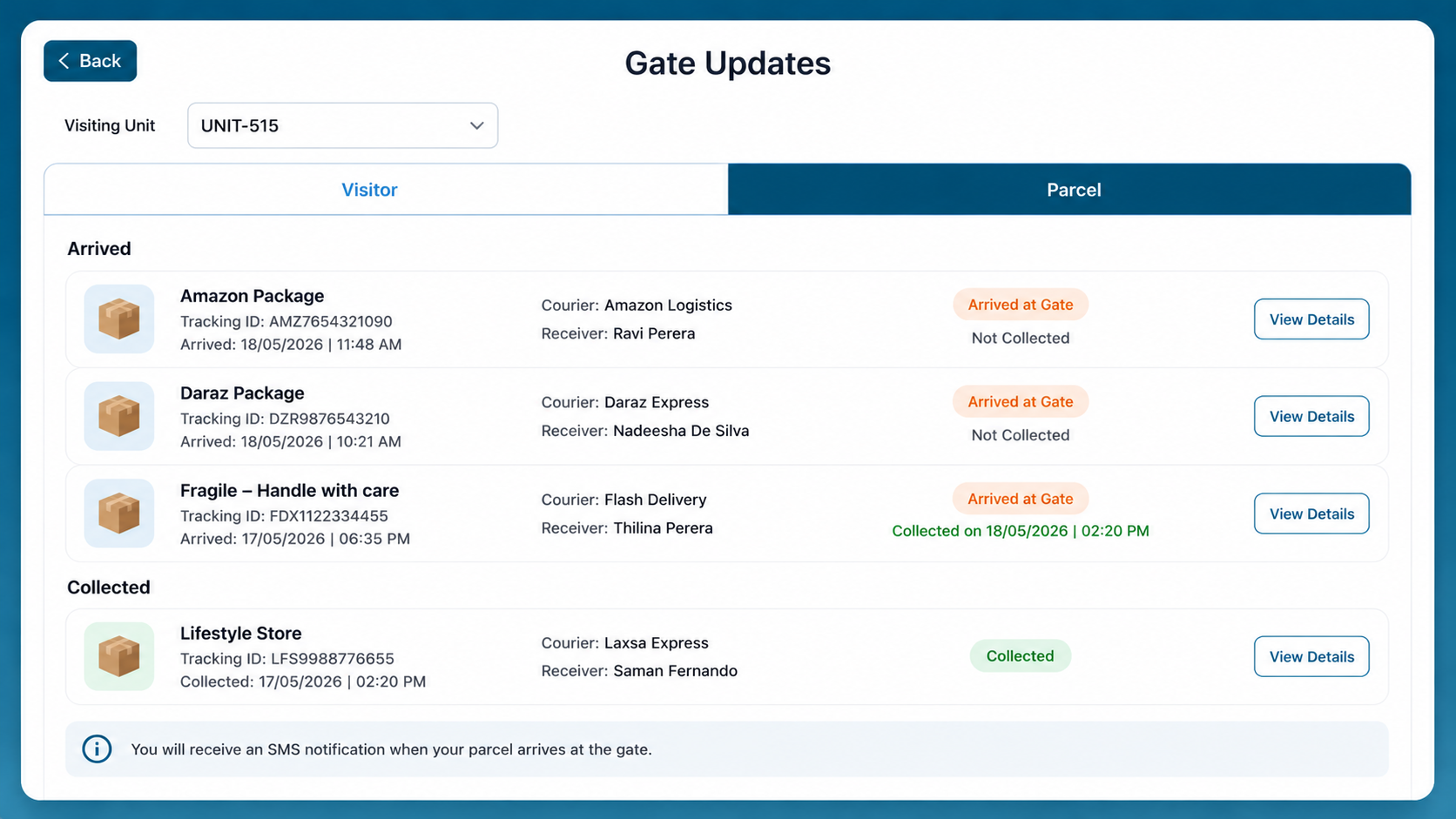 Gate and parcel updates screen
