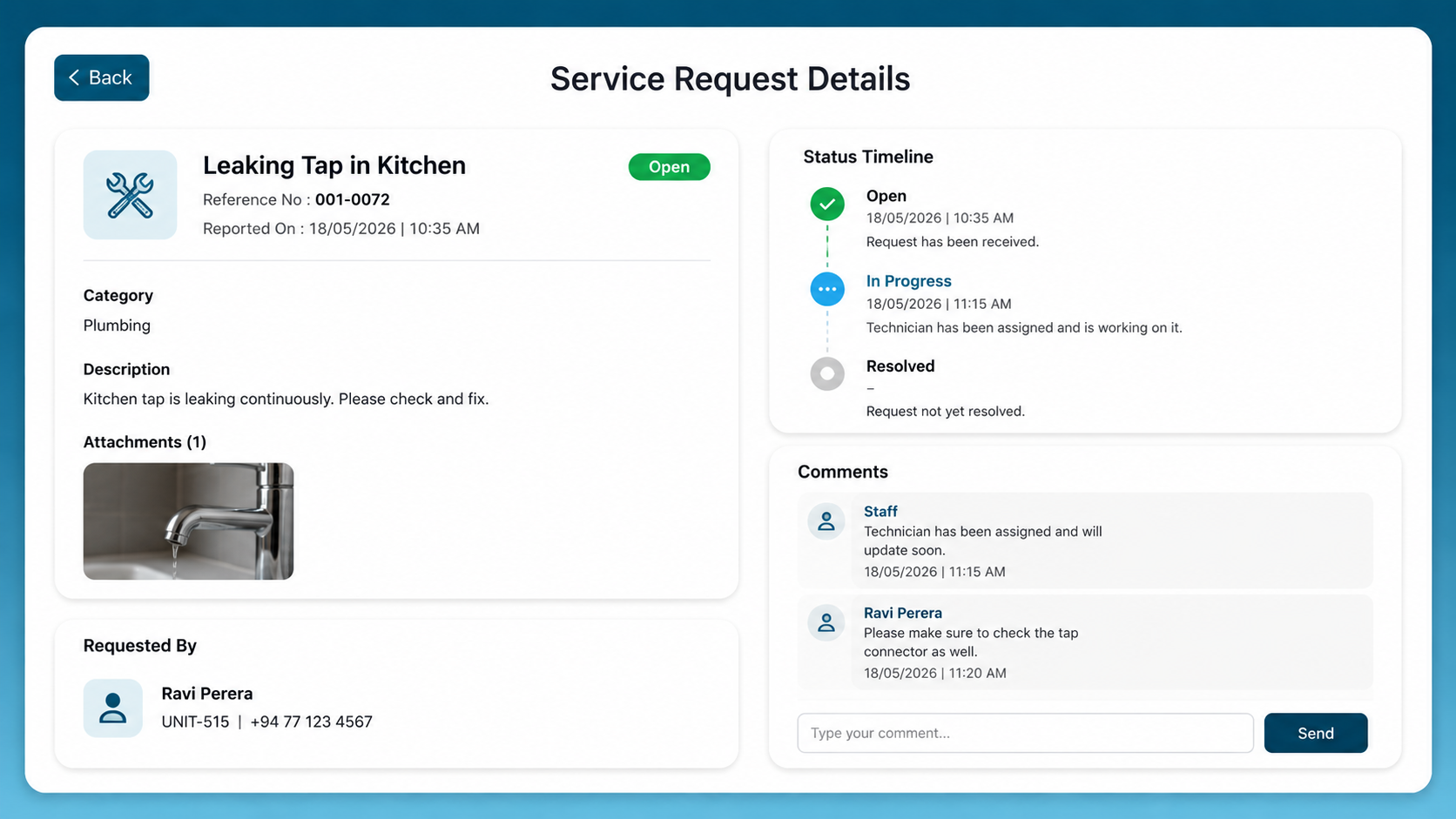 Service request details dashboard
