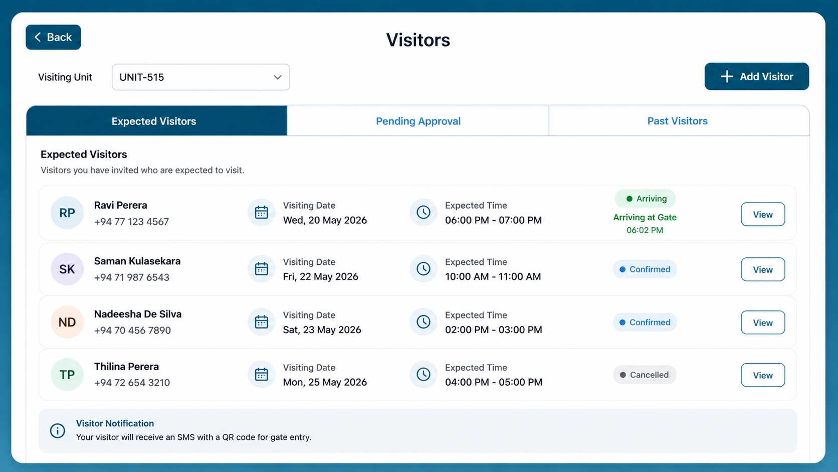Visitor management screen